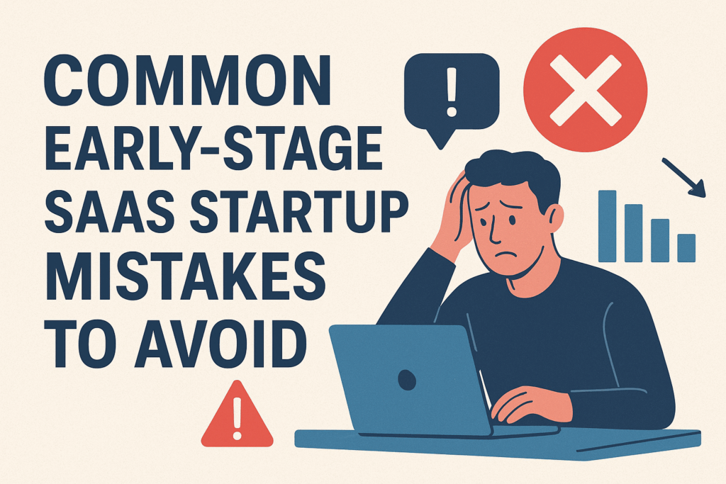 SAAS startups founder looking stressed at laptop surrounded by red warning symbols and a downward trend chart, symbolizing early-stage startup mistakes to avoid.